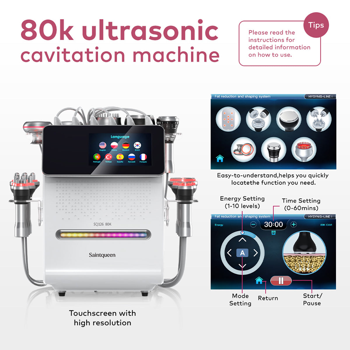 SQ126A Max 11'i 1 Arada 80K Ultrasonik Kavitasyon ve RF Cihazı – Lazer Pedli