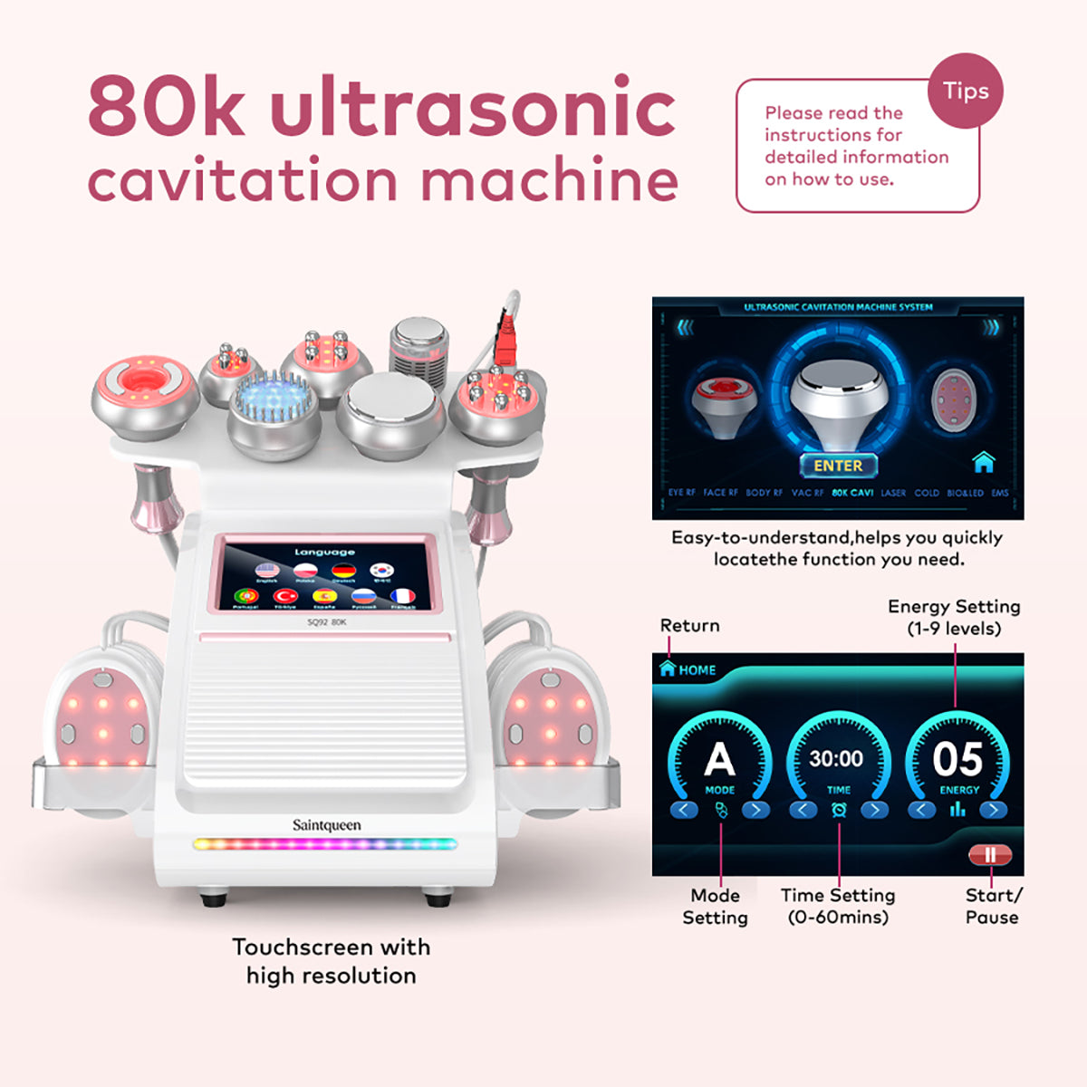 SQ92E Plus 9'u 1 Arada 80K Ultrasonik Kavitasyon ve RF Cihazı – Lazer + Mikroakım Pedli