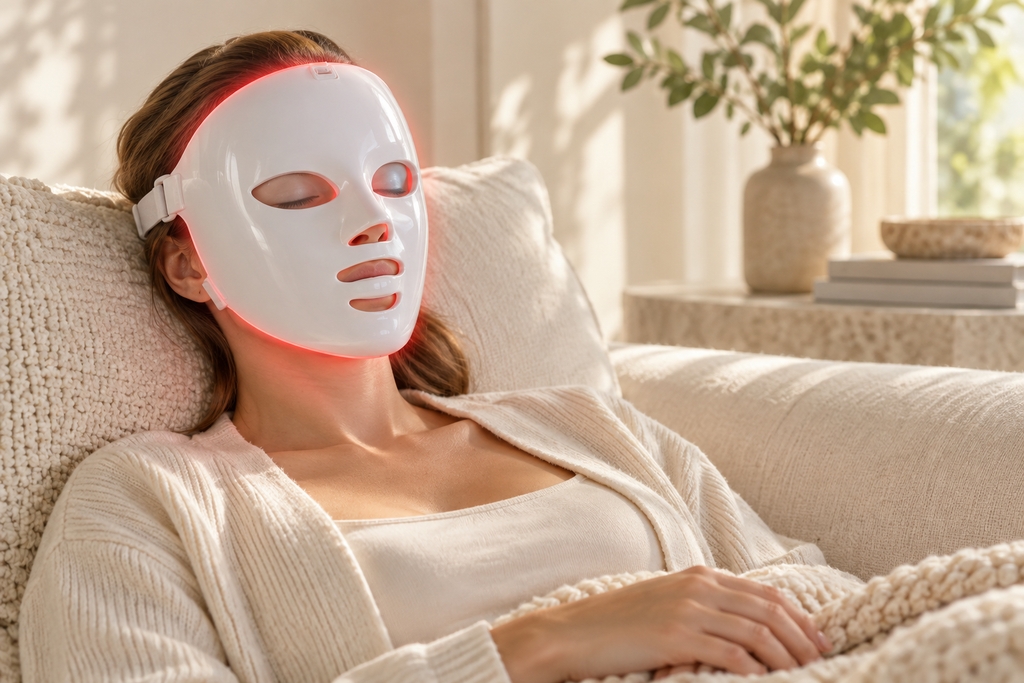 Evde bakım rutini sırasında takılan SQ10 LED maske