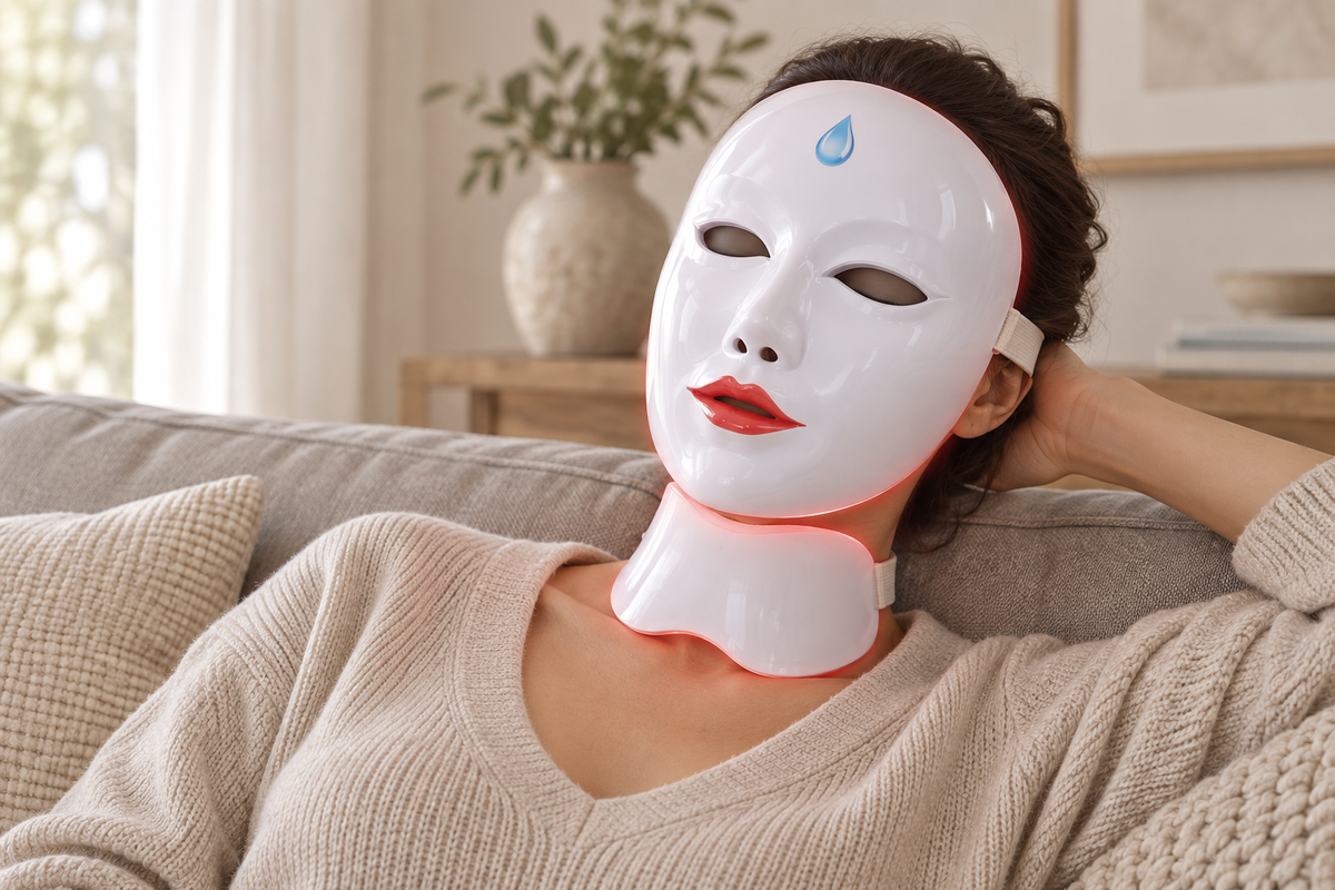 Evde bakım rutini sırasında takılan SQ50 LED maske